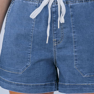 Shorts en jean taille haute pour femme, couleur unie, avec cordon de serrage, style décontracté d'été, bleu clair, coupe droite, en tissu de coton délavé - Product Image 6