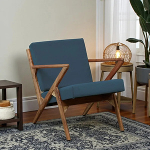 Fauteuil en bois de style mid-century modern avec dossier solide et revêtement bleu, chaise de salon au design ergonomique - Product Image 6