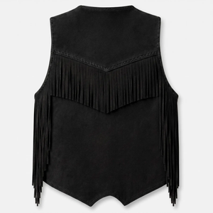 Chaleco Negro con Flecos para Mujer, Estilo Occidental Bohemio con Decoración de Borlas, Largo Regular, Color Sólido - Product Image 5