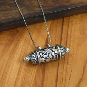 Openable Cylinder Locket Pendant Necklace Brass Antique Silver Green Enamel Floral Engraved Prayer <b>Box</b> <b>Keepsake</b> Indian Jewelry - Product Image 2