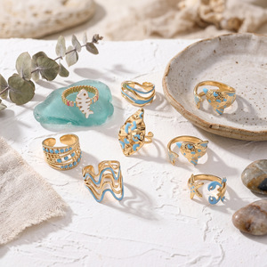 Anillo Abierto de Acero Inoxidable Chapado en Oro de 18K con Esmalte Azul, Diseño de Estrella de Mar, Cola de Ballena y Espina de Pescado, Resistente al Agua, Regalo de Verano XH - Product Image 4