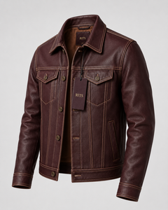 Veste en cuir véritable pour homme RITS, marron, col rabattu, décontractée, coupe classique, fermeture à boutons, vente en gros - Product Image 1