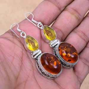 Boucles d'oreilles pendantes en argent sterling 925 faites à la main avec pierres précieuses d'ambre de la Baltique et citrine, cadeau d'anniversaire de luxe certifié pour les fêtes - Product Image 6