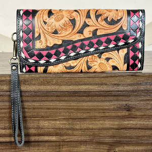 Handmade Tooled Genuine Leather Checkered Pattern Floral Design Women Clutches <b>Credit</b> <b>Card</b> <b>Holder</b> Evening Wristlet Wallet - Product Image 4