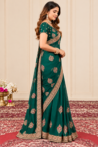 Sari en velours satiné émeraude Vexotrend avec broderie florale, style indien et pakistanais, infroissable, pour femme, tenue de mariage traditionnelle - Product Image 3