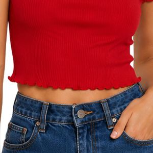 Custom <b>Red</b> Ribbed Crop Top Women Short Sleeve Lettuce Trim Crew Neck Cotton Spandex Slim Fit Casual Summer T Shirt Custom OEM - Product Image 6