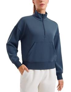 Womens Olive Green Quarter-Zip Sweatshirt <b>Mock</b> <b>Neck</b> Long Sleeve Pullover Comfortable Casual Athleisure Wear Minimalist <b>Top</b> - Product Image 6