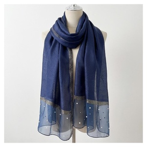 Bufanda Larga de Chifón para Mujer, Color Azul Sólido, Elegante, con Detalle de Perlas Bordadas, Accesorio de Moda para Todas las Temporadas, Multifuncional - Product Image 1