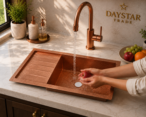 Fregadero de Cocina Rectangular de Cobre Martillado a Mano, de un Solo Tazón, con Cuatro Orificios, Fácil de Limpiar, Diseño Moderno, de Instalación Bajo Encimera, Marca Daystar Trade - Product Image 2