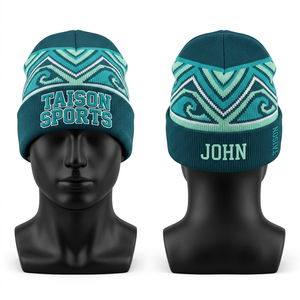Gorro de punto acrílico GSM premium para hombre, diseño jacquard marrón y verde, con puño, logotipo bordado y etiqueta tejida personalizada. - Product Image 2