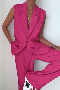 Women's Sleeveless <b>Blazer</b> <b>Set</b> Loose Fit Wide Leg Pants Two Piece Suit Solid Color Casual Spring Summer Pink Woven Fabric - Product Image 2