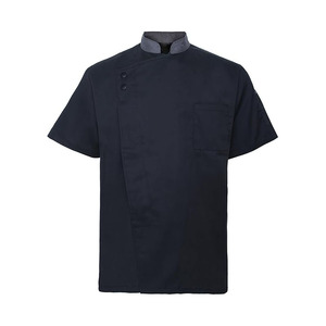 Chaqueta de Chef Profesional de Alta Calidad, Manga Corta, 100% Lona de Algodón, Color Personalizado, Azul Oscuro con Ribete Rojo, Uniforme para Restaurante o Bar - Product Image 1