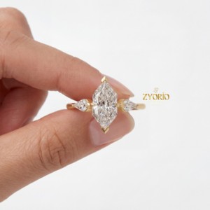 Anillo de Compromiso de Lujo con Tres Diamantes de Corte Marquise de 1.50 CT Cultivados en Laboratorio, Anillo de Boda de Oro Sólido de 18K, Regalo Romántico - Product Image 2