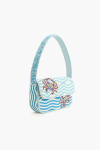 Sac fourre-tout en toile brodée classique fait main |   Design de perles de rocaille motif vague océanique de luxe |   Couleurs personnalisées et thème côtier artisanal - Product Image 3