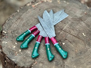 Custom Handmade Five-Piece Chef <b>Set</b> in Damascus Steel with Resin Handles Durable & <b>Sharp</b> Blades Ambidextrous Design Leather Bag - Product Image 3