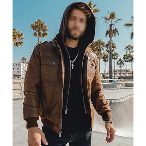 Veste en cuir marron pour homme Comfortex International, style motard, avec capuche amovible, veste en cuir décontractée et tendance pour homme - Product Image 4