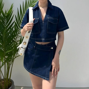 Ensemble en jean sur mesure OEM, coupe ajustée, vente en gros, crop top en jean, mini-jupe, ensemble jupe en jean pour femme - Product Image 3