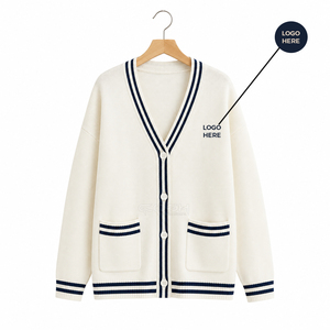 Cosh International Sorority Sisterhood Acrylic White Knitted <b>Cardigan</b> V-Neck Long Sleeve Preppy Style With <b>Navy</b> Trim And Buttons - Product Image 5