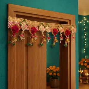 Elegant Indian Bandhanwar with Colorful Roses Golden Embroidery <b>Beaded</b> Tassels and Festive <b>Door</b> Hanging Decoration - Product Image 4