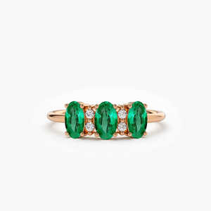 Oval Cut Triple Natural Emerald Stone & Round Cut Diamond <b>Ring</b> 14k Pure Gold Beautiful Engagement Wedding <b>Rings</b> <b>Fine</b> Jewelry RTS - Product Image 3