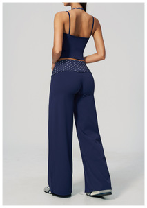 Navy <b>Blue</b> Solid Halter Crop Top High Waist Full Length Yoga Pants 2 Piece Set Breathable Eco-Friendly Durable Spandex Polyester - Product Image 2
