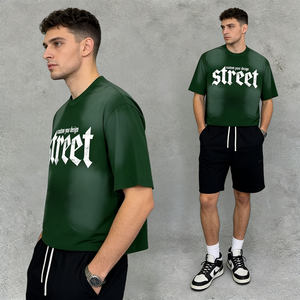 Camiseta Gráfica de Cuello Redondo Oversize de Algodón Pesado con Estampado Desgastado y Hombros Caídos, Estilo Urbano OEM para Hombre - Product Image 1