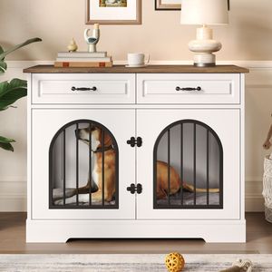 43.3\" Heavy Duty Indoor Dog <b>Crate</b> Furniture 2 <b>Storage</b> Drawers Medium Large Dog Kennel Side Doors Pet Houses Furniture for Dogs - Product Image 1