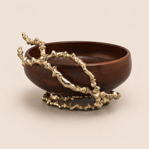 Handcrafted Acacia Wood Serving Bowl With Luxury Gold Brass Branch Base Decorative <b>Tabletop</b> Centerpiece For Home & Hotel Decor - Product Image 4