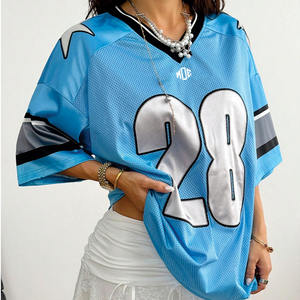 Maillot de football américain personnalisé pour femme, qualité supérieure, bleu clair, en maille, col en V oversize, avec numéro en twill, fournisseur OEM en gros - Product Image 4