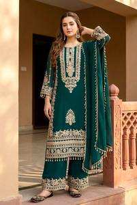 HENIXA CREATION Kurta brodée pour occasions festives, en Faux Georgette Chiffon épais gaufré, avec bordure en dentelle sur quatre côtés, Salwar Farshi - Product Image 1