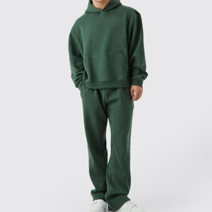 Ensemble de survêtement décontracté pour homme en coton vert olive, coupe ample, couleur unie, avec pantalon de jogging pleine longueur et poches latérales - Product Image 6