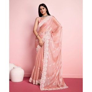 Attractive Silk <b>Rainbow</b> Sequence Thread Work Saree with Peach Unstitched Blouse - Product Image 1