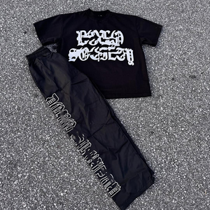 T-shirts et pantalons de survêtement Logo personnalisé T-shirt à col rond surdimensionné hommes bouffée impression rue été ensemble hommes T-shirt et pantalons ensembles - Product Image 4