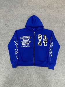 เสื้อฮู้ดซิปสีน้ำเงินรอยัลแบบสั่งทำพิเศษ ทรงโอเวอร์ไซส์ ผ้าฟลีซหนานุ่ม ซิปยาวเต็มตัว พร้อมลายพิมพ์นูนและป้ายเชนีล สไตล์สตรีทแวร์ - Product Image 1
