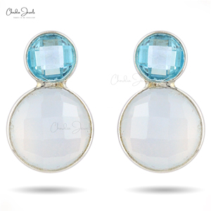 Pendientes de Plata de Ley 925 con Dos Piedras de Topacio Azul Suizo y Calcedonia Azul, Hechos a Mano, para Mujer, Piedra de Nacimiento de Diciembre - Product Image 2