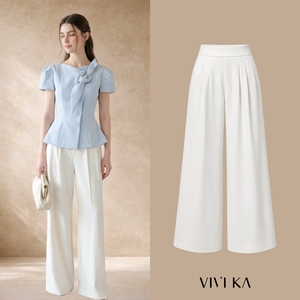 Pantalon large taille haute élégant et décontracté pour femme, en polyester et élasthanne, coupe ajustée, style minimaliste, idéal pour le bureau - ODM/OEM - Product Image 1