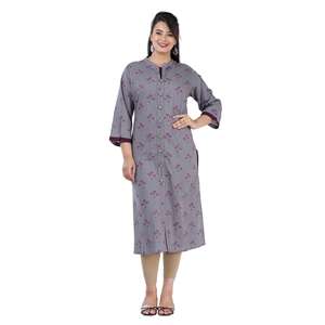 Aarti Robe décontractée boutonnée Kurti en coton à imprimé floral gris indien pour femme - Product Image 1