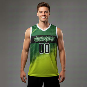 Camiseta de Baloncesto Sublimada Personalizada para Hombre, Degradado Verde, Sin Mangas, Absorbe la Humedad, 100% Poliéster, Cuello en V - Product Image 1