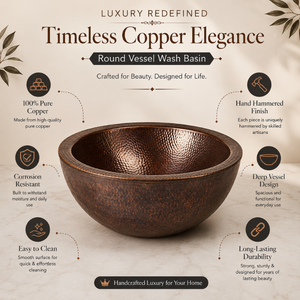 Handcrafted <b>Round</b> Hammered Copper Vessel Wash <b>Basin</b> Luxury Countertop Bathroom Sink Antique Copper Designer <b>Basin</b> for Home Hotel - Product Image 5