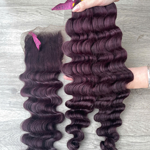 Lots de Cheveux Humains Vietnamiens Ondulés Profonds Bordeaux Foncé, Qualité Super Double Drawn, avec Closure Personnalisée, Prix de Gros Direct Usine - Product Image 5