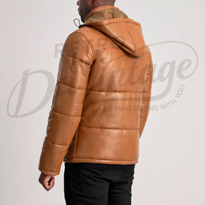 Premium Men's Brown Puffer <b>Leather</b> <b>Jacket</b> with Removable Hood Warm Quilted Winter Coat Windproof Outdoor Casual Outerwear - Product Image 2