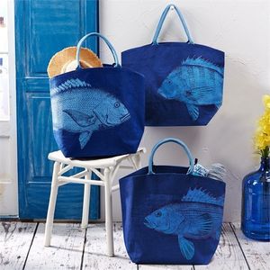 Deep Sea <b>Blue</b> Fish <b>Canvas</b> Tote Bag With Embroidery Summer Beach Style Bohemian Design Water Resistant Open Top - Product Image 1
