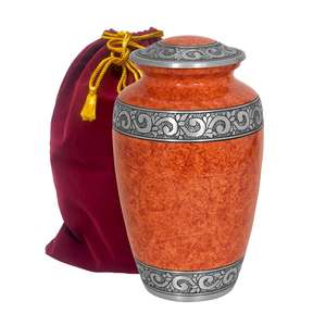 Urna Funeraria Artesanal para Cenizas, de Metal Sólido, Color Naranja Óxido, Urna para Adultos, Urna Clásica Color Naranja Atardecer con Banda Plateada y Bolsa de Terciopelo - Product Image 2