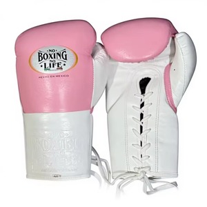 No Boxing No Life <b>Lace</b>-Up Training Gloves <b>Pink</b> White Leather Full Finger Adult Boxing Gear - Product Image 1