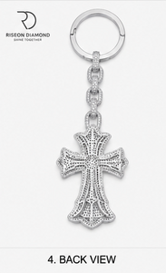 Premium iced out cross keychain pendant solid 18K white gold <b>set</b> lab grown diamonds bold gothic design secure key <b>ring</b> - Product Image 2