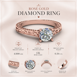 Anillo Solitario con Diamante Redondo Auténtico |   Anillo de Diseño de Oro Rosa de 14K para Mujer, Ideal para Fiestas |   Juego de Joyería de Lujo para Regalo de Compromiso - Product Image 5