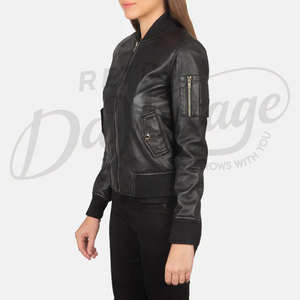 Blouson bomber en cuir véritable noir pour femme, coupe ajustée, en peau de mouton souple, vêtement d'extérieur décontracté pour l'hiver, manteau zippé en cuir véritable de qualité supérieure - Product Image 5