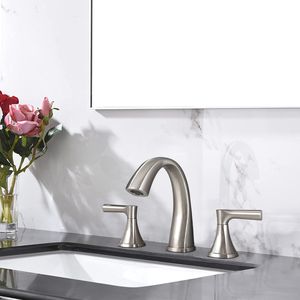 Rubinetto da Bagno a Due Maniglie con 3 Fori e Gruppo Scarico, Rubinetteria per Lavabo con Finitura Nichel Spazzolato - Product Image 6