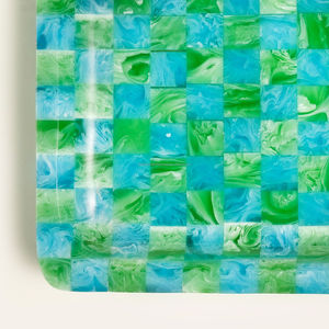 Handmade <b>Resin</b> Serving Tray Green Blue Checkered Pattern Home Decoration Craft Item hotel luxury serving tray <b>Resin</b> <b>crafts</b> decor - Product Image 4