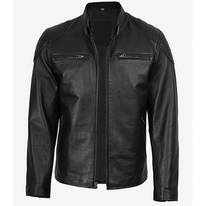 Blouson en cuir de vachette noir pour homme 2026, col montant, fermeture éclair, coupe ajustée, longueur standard, couleur unie, style motard, pour l'hiver - Product Image 4